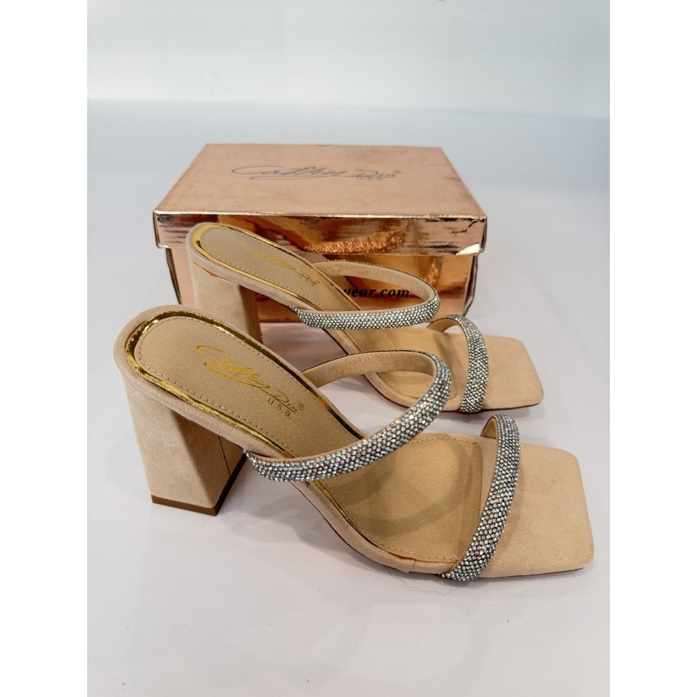 Cathy Dia Nude Rhinestone Block Heel Sandals Square Toe Size 9 Shoes Party Chic